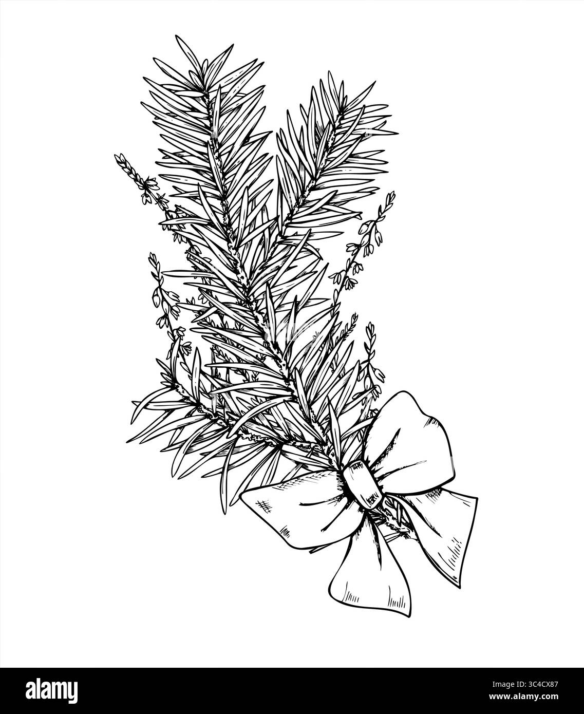 Heidekraut und Fichtenzweig Blumenstrauß gebunden mit Bogen monochrome Vektor Umrisszeichnung. Weihnachtskiefer und wilde Blumenkinder Illustration. Zu Weihnachten Stock Vektor