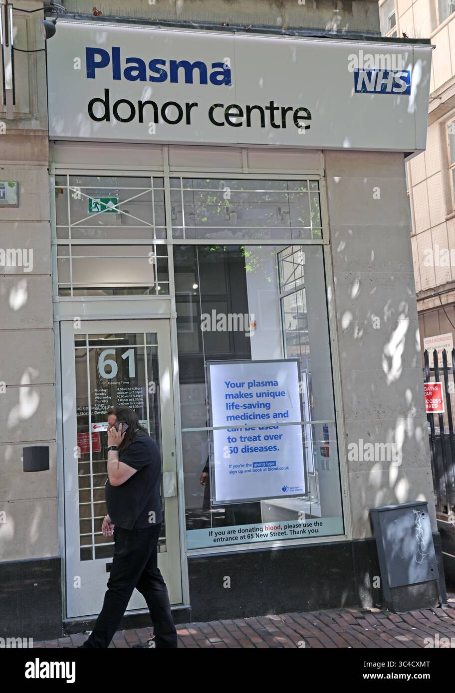NHS-Plasmaspenderzentrum in 61 New Street, Birmingham, West Midlands, Großbritannien - Blutmangel Stockfoto
