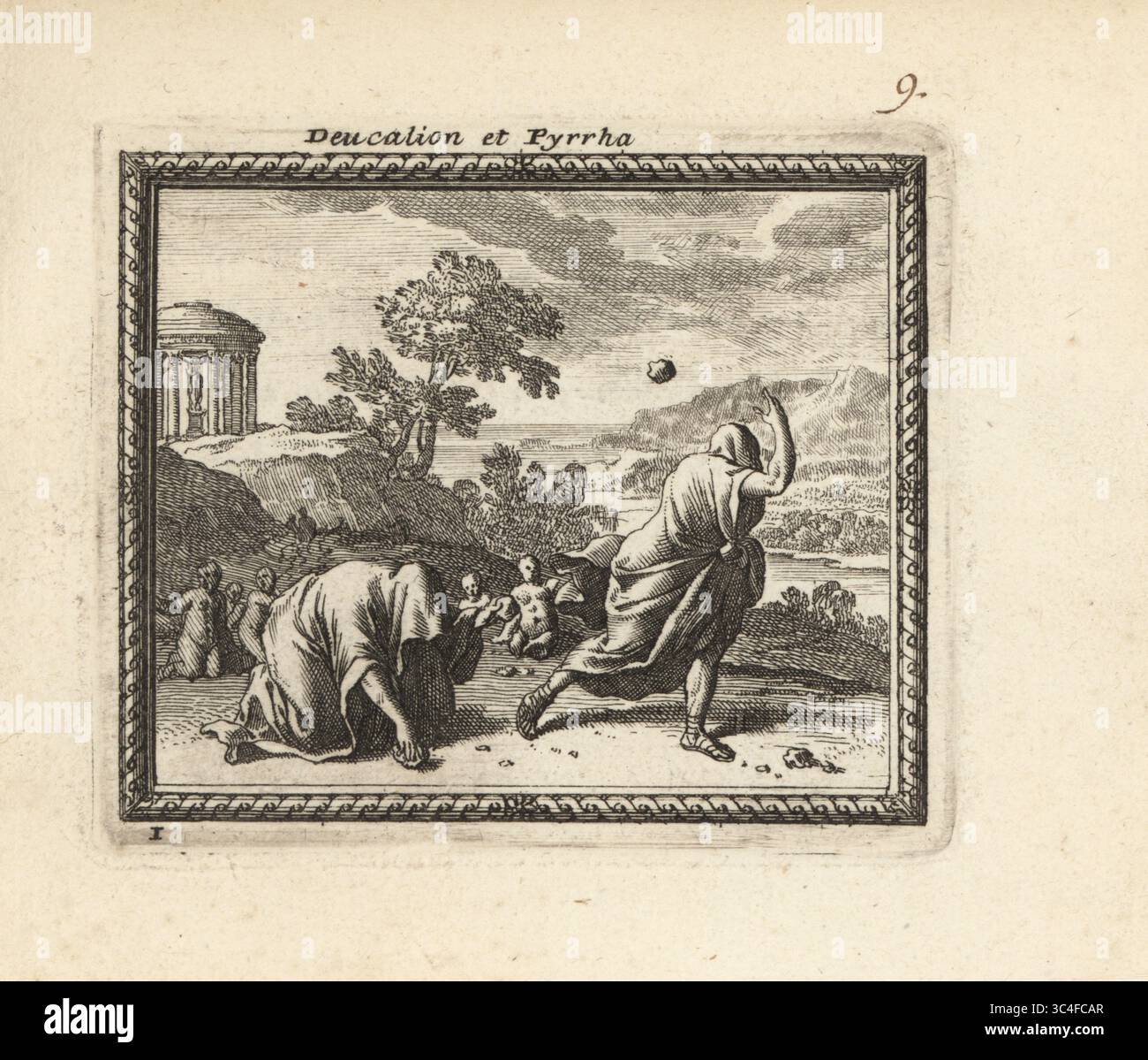 Deucalion, Sohn von Prometheus, und seine Frau Pyrrha, Tochter von Epimetheus. Die einzigen Überlebenden der Flut besiedelten die Erde mit Legeles, indem sie ihnen Steine über die Schulter schleuderten. Deucalion et Pyrrha. Kupferstich aus Metamorphoses d’Ovide, Stiche für Ovids Metamorphosen, chez Audran, Paris, 1676. Stockfoto