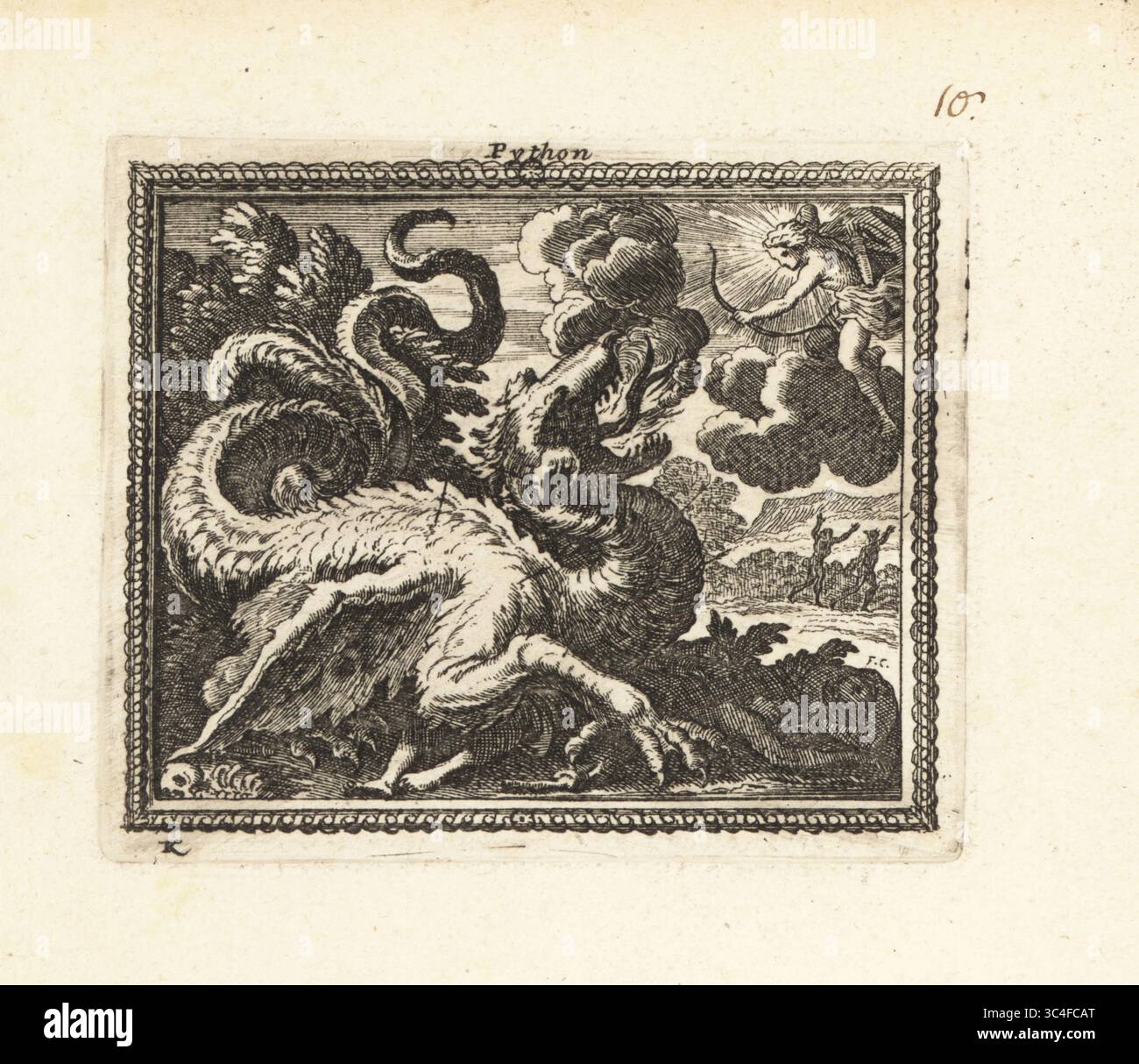 Apollo tötet Python, eine Schlange oder Drache, die in Pytho im Zentrum der Erde lebt. Der griechische Gott Apollo in den Wolken schießt einen Pfeil aus seinem Bogen. Kupferstich von Francois Chauveau aus Metamorphoses d’Ovide en Rondeaux, Ovid’s Metamorphoses, chez Audran, Paris, 1676. Stockfoto