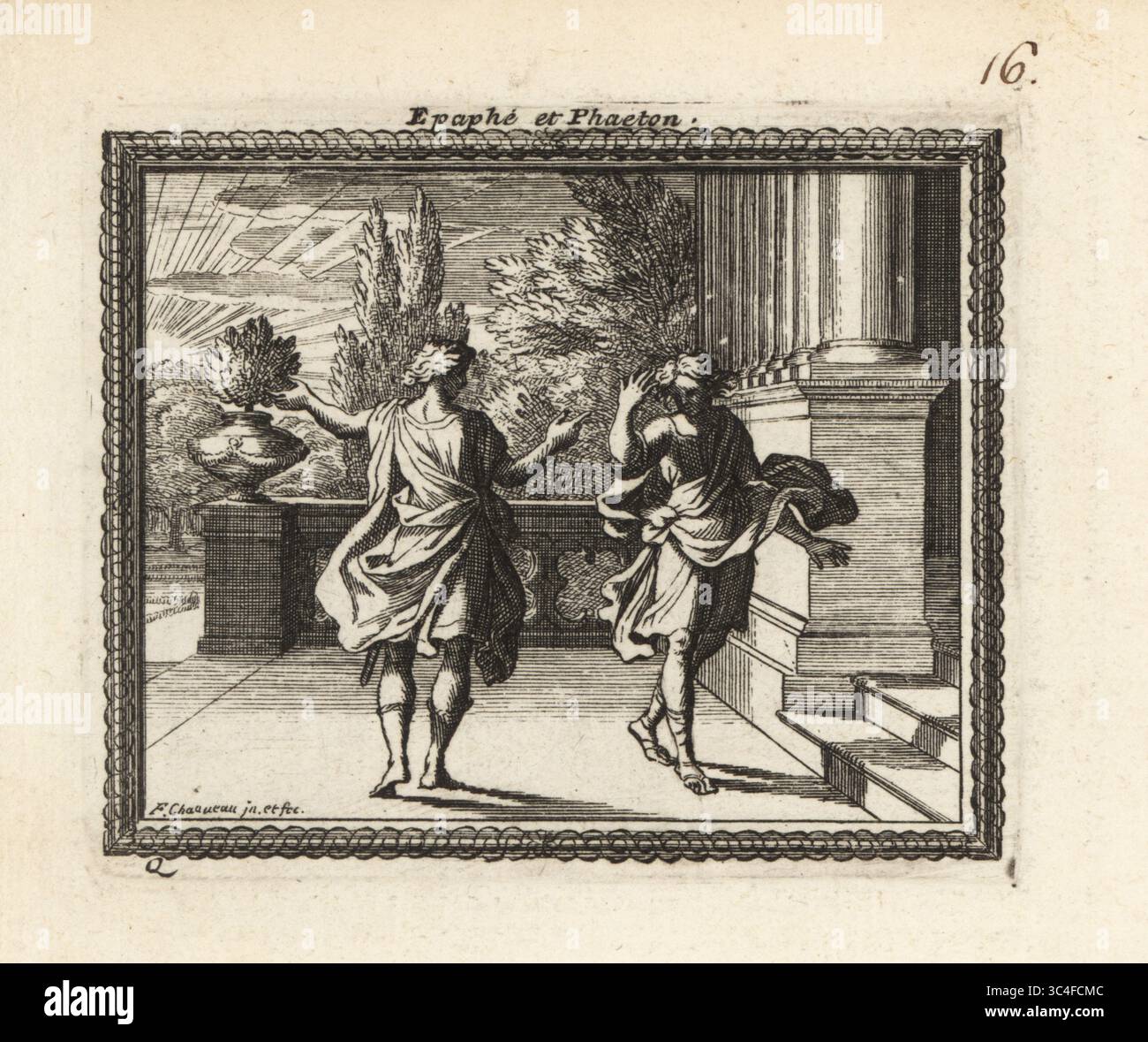 Epaphus, Sohn von Zeus und IO, und sein Rivale Phaethon, Sohn von Helios und Clymene. Epaphe et Phaeton. Kupferstich von Francois Chauveau aus Metamorphoses d’Ovide en Rondeaux, Ovid’s Metamorphoses, chez Audran, Paris, 1676. Stockfoto