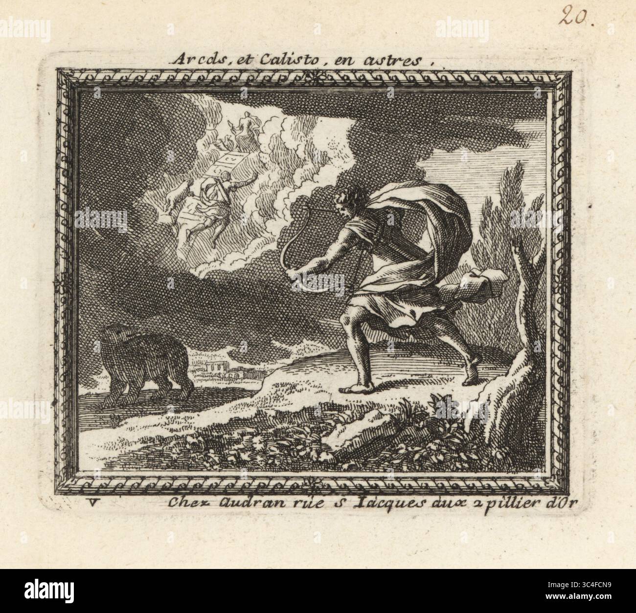 Arcas will seine Mutter Callisto töten, die von Juno in einen Bären verwandelt wurde. Zeus verwandelt beide in Sternbilder (Jäger und Bär). Arcas war der Sohn von Callisto und Zeus. Arcels et Calisto en astres. Kupferstich aus Metamorphoses d’Ovide, Stiche für Ovids Metamorphosen, chez Audran, Paris, 1676. Stockfoto