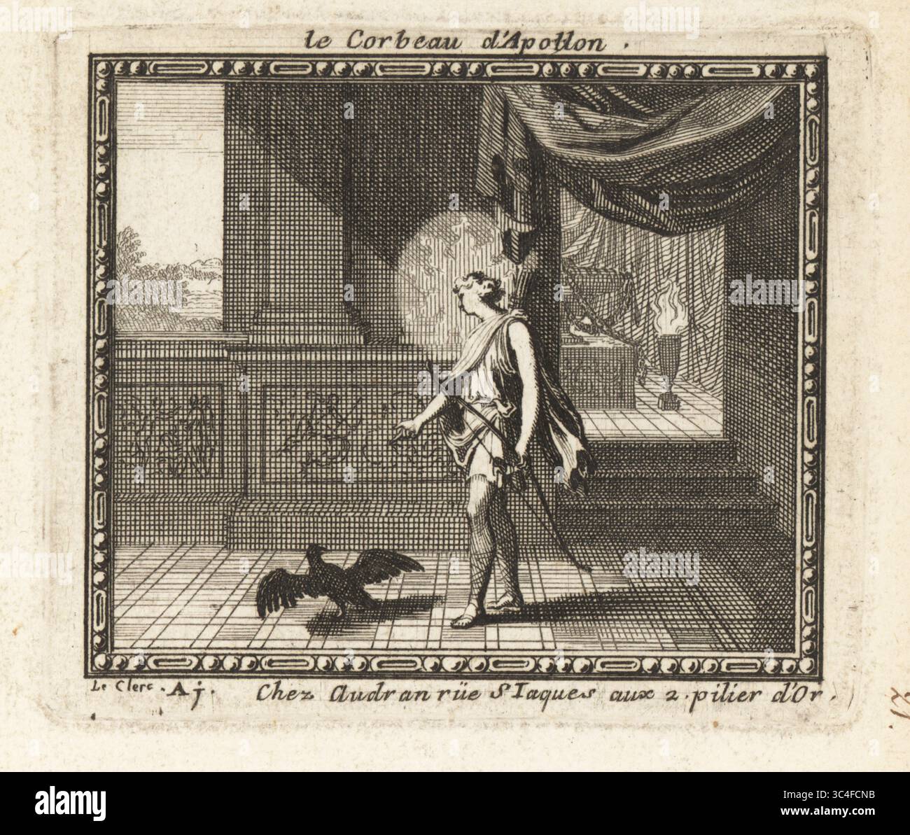 Apollo wechselt seinen weißen Raben schwarz. Die Krähe hatte Apollo informiert, dass sein Geliebter Coronis mit einem sterblichen Mann Ischys geschlafen hat. Apollo tötet Coronis später mit Pfeil und Bogen. Le Corbeau d'Apollon. Kupferstich von Sebastien Leclerc aus Metamorphoses d’Ovide, Stiche für Ovids Metamorphosen, chez Audran, Paris, 1676. Stockfoto