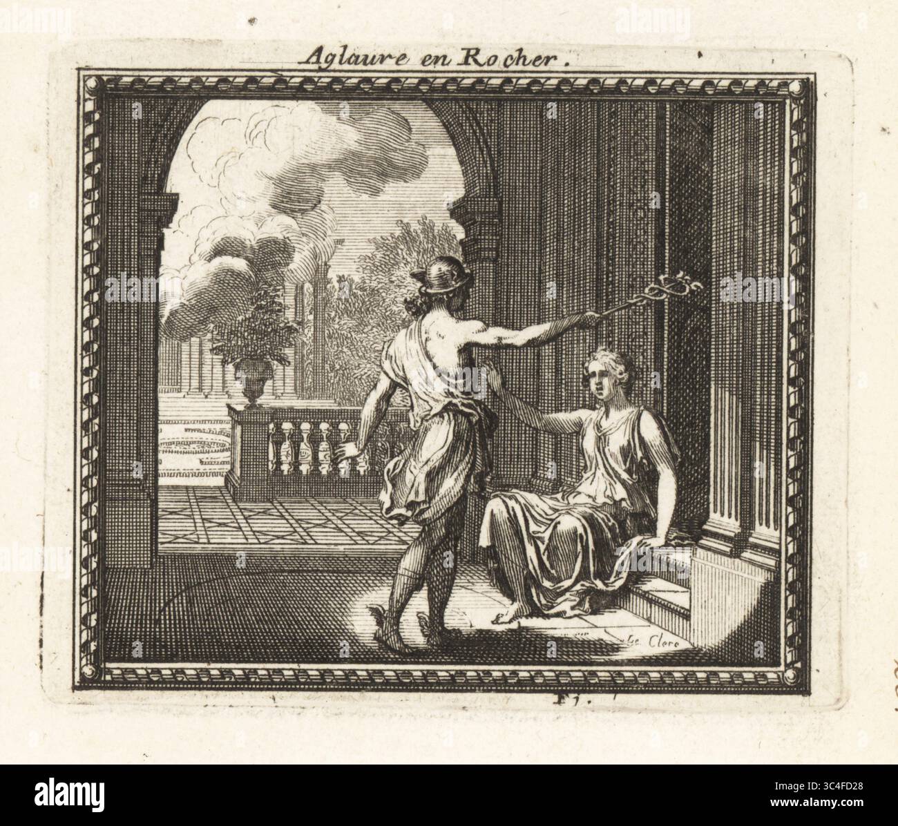 Quecksilber verwandelt die Nymphe Aglauros in Stein. Algauros war eine eifersüchtige Schwester von Herse und versuchte, Mercury daran zu hindern, sie zu sehen. Quecksilber mit geflügeltem Helm, Caduceus und geflügelten Sandalen. Aglaure en Rocher. Kupferstich von Sebastien Leclerc aus Metamorphoses d’Ovide, Stiche für Ovids Metamorphosen, chez Audran, Paris, 1676. Stockfoto
