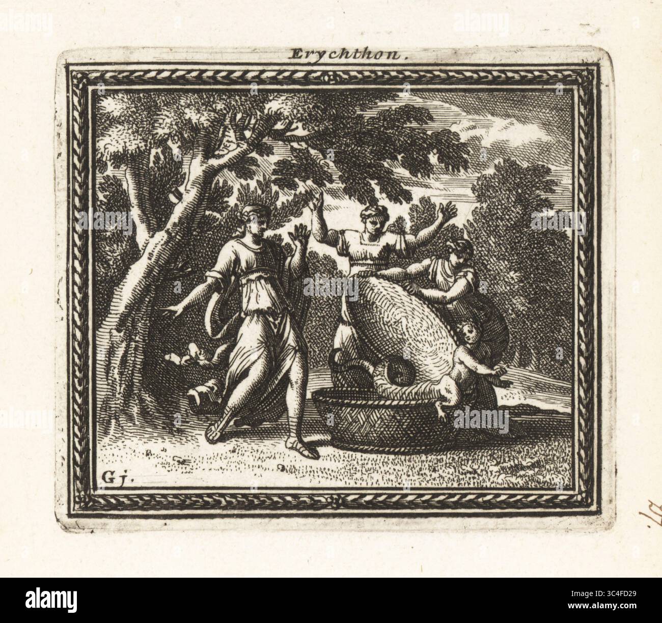 Die Töchter von Cecrops entdecken den monströsen Erichthonius. Herse, Aglaurus und Pandrosus erhielten den Korb von Minerva. Erichthonius war ein Schlangenkind-Monster, geboren aus Vulkans Lust auf die Jungfrau Minerva. Erychthon. Kupferstich aus Metamorphoses d’Ovide, Stiche für Ovids Metamorphosen, chez Audran, Paris, 1676. Stockfoto