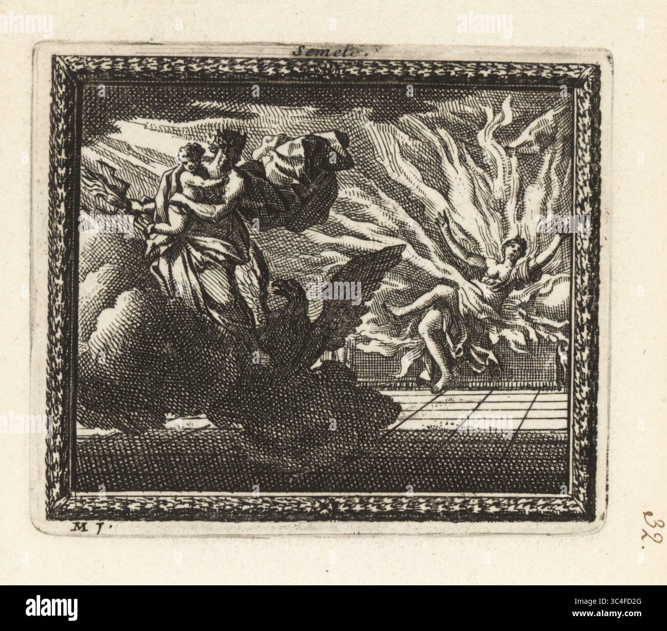 Semele wird in einem Feuerball aufgefressen, nachdem er von Jupiter verführt wurde. Juno hatte die sterbliche Frau dazu gebracht, Jupiters Blitz zu sehen. Jupiter, in einer Wolke mit einem Adler, trägt ihr Kind Dionysos ab. Semele. Kupferstich aus Metamorphoses d’Ovide, Stiche für Ovids Metamorphosen, chez Audran, Paris, 1676. Stockfoto