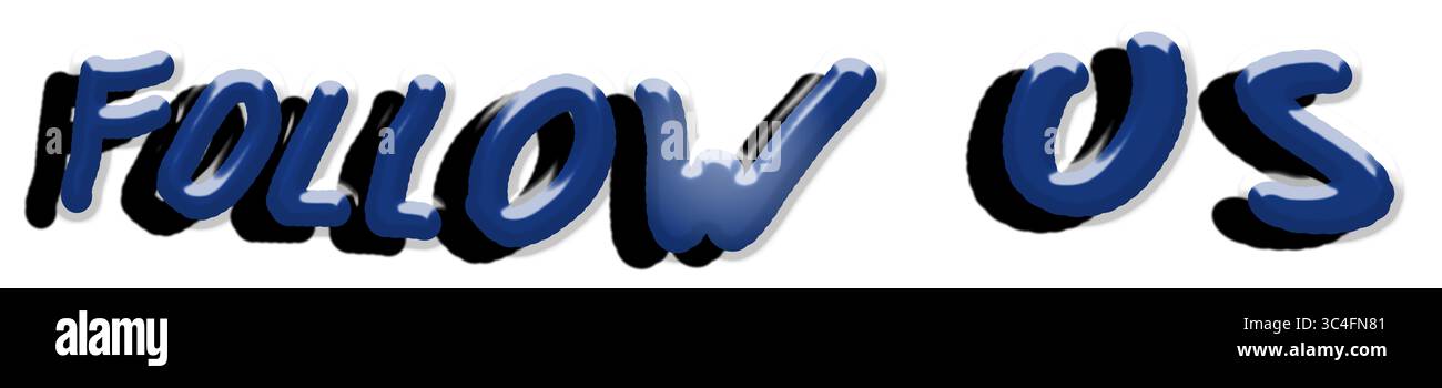 Box mit dem Wort folgt uns in dunklem Metallic-Blau und schwarzem Schatten. Abbildung. Text. Web- und App-Design. Wörter. Rechteckig. Stockfoto