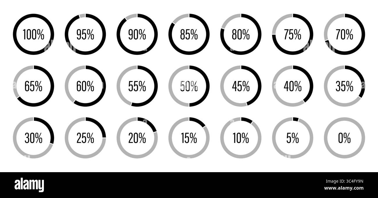 Prozentsatz der Infografik-Elemente. Runddiagrammsymbole für Infografiken von 0 bis 100 Prozent. Anzeige für geteilte Tortendiagramme in schwarzer, grauer Farbe Stock Vektor