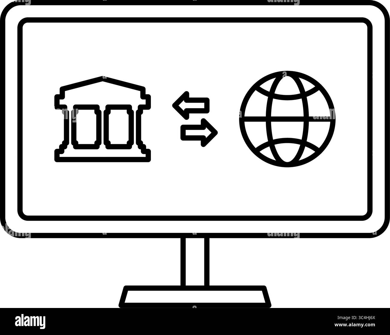 Bildschirm mit Fremdwährungstransfer im Internet-Banking einfaches Zeichnungssymbol, Illustration der globalen Finanzen, schwarz-weiß, Vektor-Illustr Stock Vektor