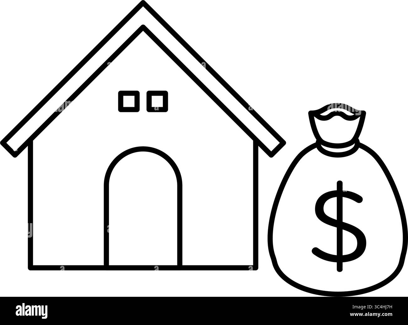 Haus- und Geldbeutel mit Hypotheken einfache Linienzeichnung Symbol, Illustration von Wohnungsdarlehen und Finanzierung, schwarz-weiß, Vektor-Illustration Stock Vektor