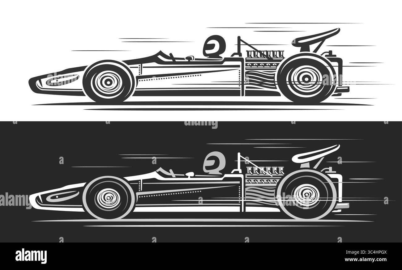 Vektor-Logo für altes F1-Auto, einfarbiges Automobil-Banner mit einfacher Umrissdarstellung des f1-Konzeptfahrzeugs in bewegter Form Stock Vektor