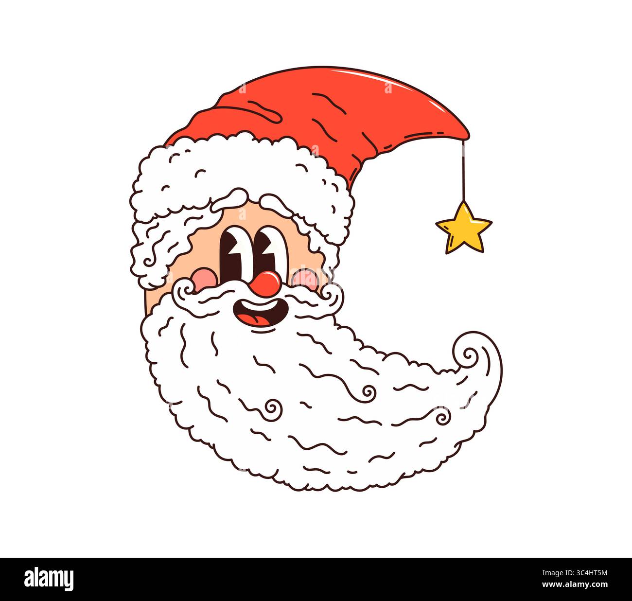 Weihnachtsmann-Mond-grooviger Charakter. Neujahrsfeier und fröhliches festliches, grooviges Maskottchen. Winterferien Saison isolierter Vektor cr Stock Vektor