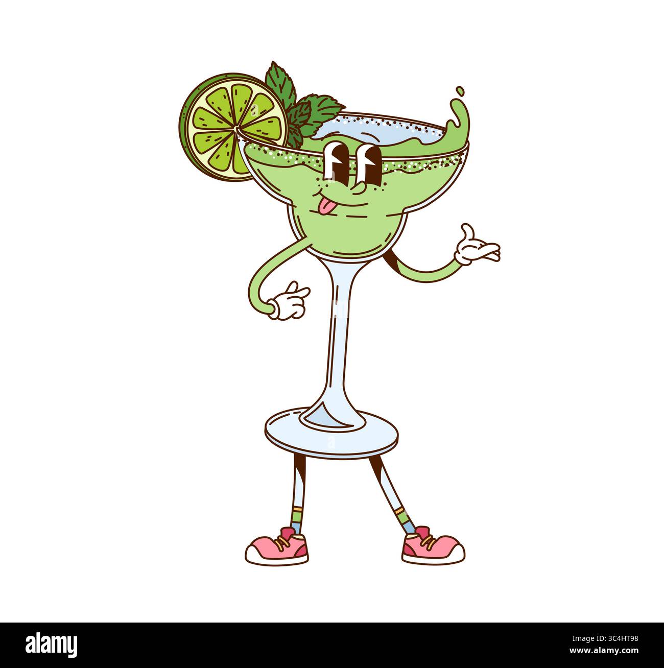 Hippie Margarita Cocktail Drink grooviger Charakter. Partyalkoholgetränk netter grooviger Vektor-Charakter, tropischer Cocktail fröhlicher Charakter. Margarita Stock Vektor