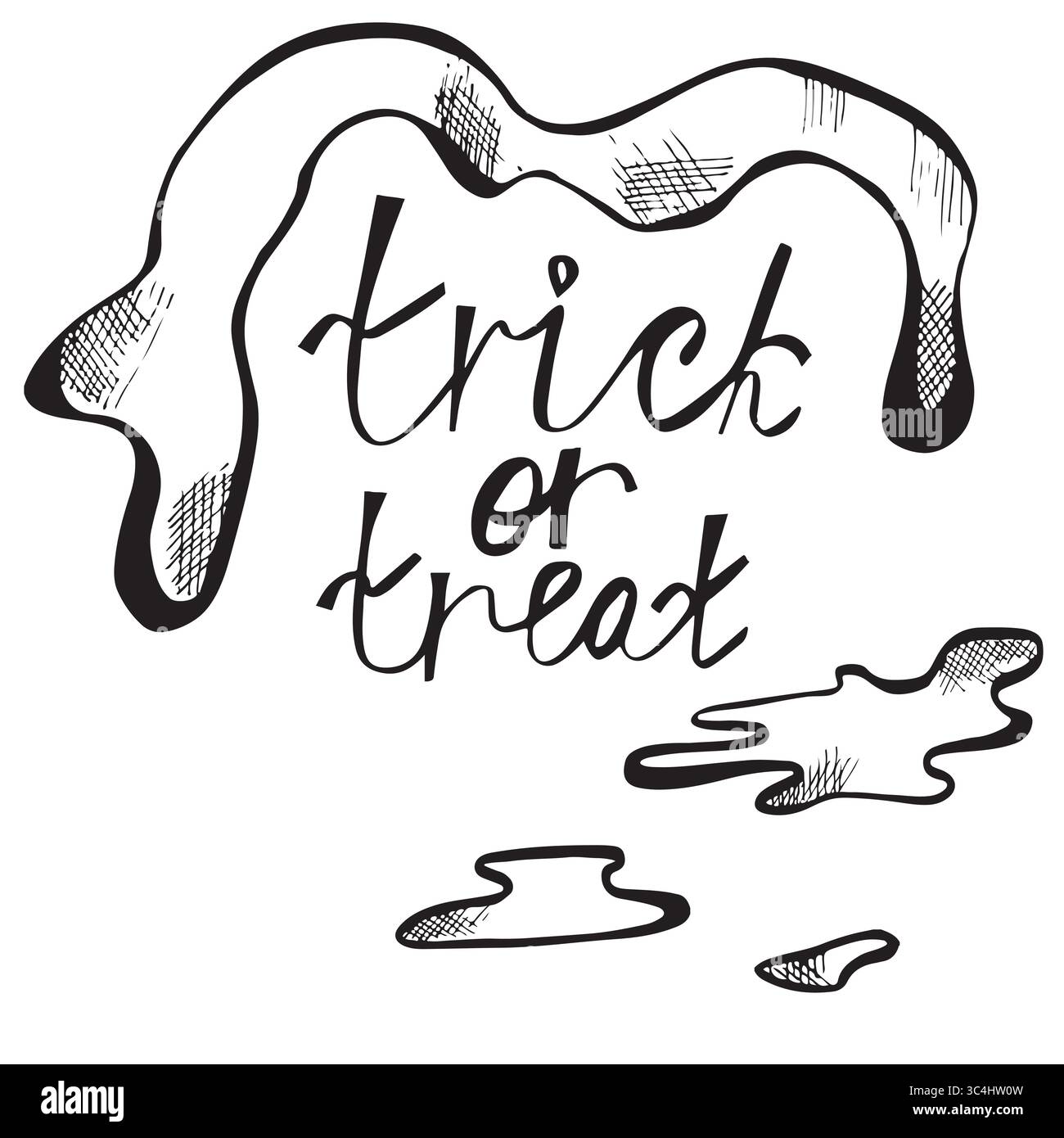 Doodle-Tropfenelemente. Schwarze Schleimspritzer, dehnender und tropfender Schleim. Schriftzug „Trick or Treat“. Isolierte Vektorformen. Stock Vektor