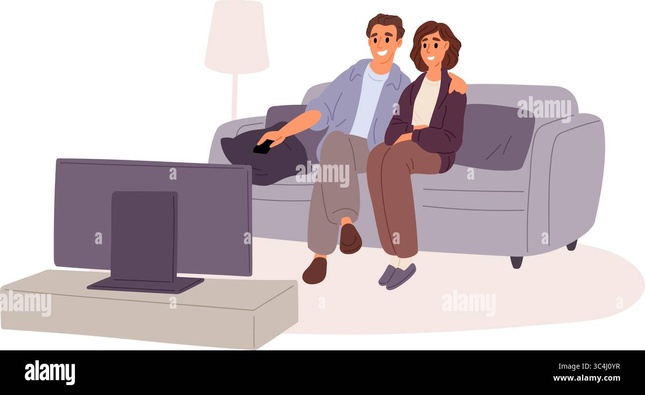 Ein junges Paar sieht einen Fernsehfilm. Mann und Frau sitzen auf der Couch in der Wohnung. Wohnzimmer. Leute im Fernsehen. Home Entertainment. Ehefrau und Ehemann c Stock Vektor