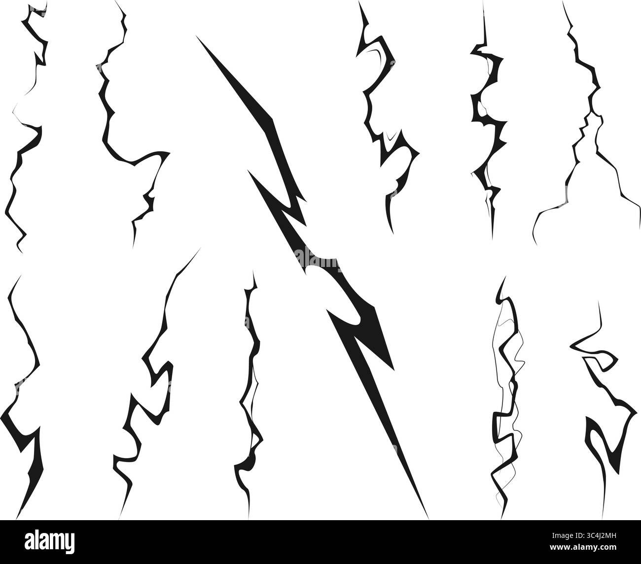 Schwarze Blitzsymbole. Einfache Blitzsymbole. Elektrische Schläge. Verschiedene Zickzack-Formen. Energieentladung. Sturm blitzt auf. Gewitterhimmel b Stock Vektor