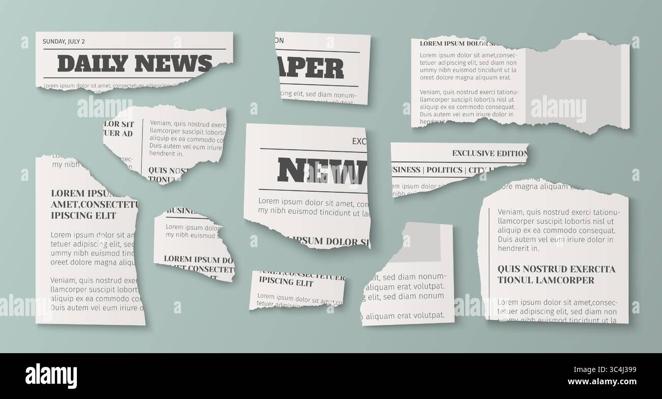 Zerrissene Zeitungsfragmente - tägliche Schlagzeilen, exklusive Editionsbereiche, geschäftspolitische Artikel mit gerissenen Kanten. Altpapierreste für Mediencollagen, Journalismus und Retro-Design-Layouts. Stock Vektor Zerrissene Zeitungsfragmente - tägliche Schlagzeilen, exklusive Editionsbereiche, geschäftspolitische Artikel mit gerissenen Kanten. Altpapierreste für Mediencollagen, Journalismus und Retro-Design-Layouts. Stock Vektor