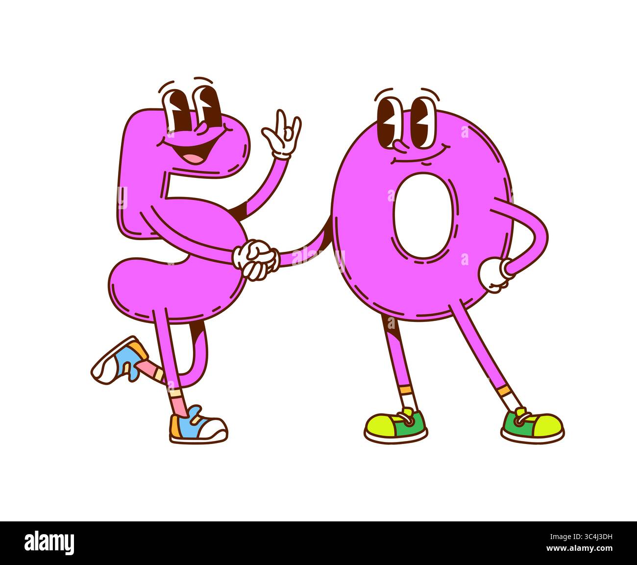 Groovige Mathe-Zahlen, Zeichentrickfiguren mit lustigen Gesichtern, Vektormathematik-Emoji. Groovige Zahl 5 fünf und 0 Null oder 50 fünfzig Ziffern, fröhliches Smilin Stock Vektor