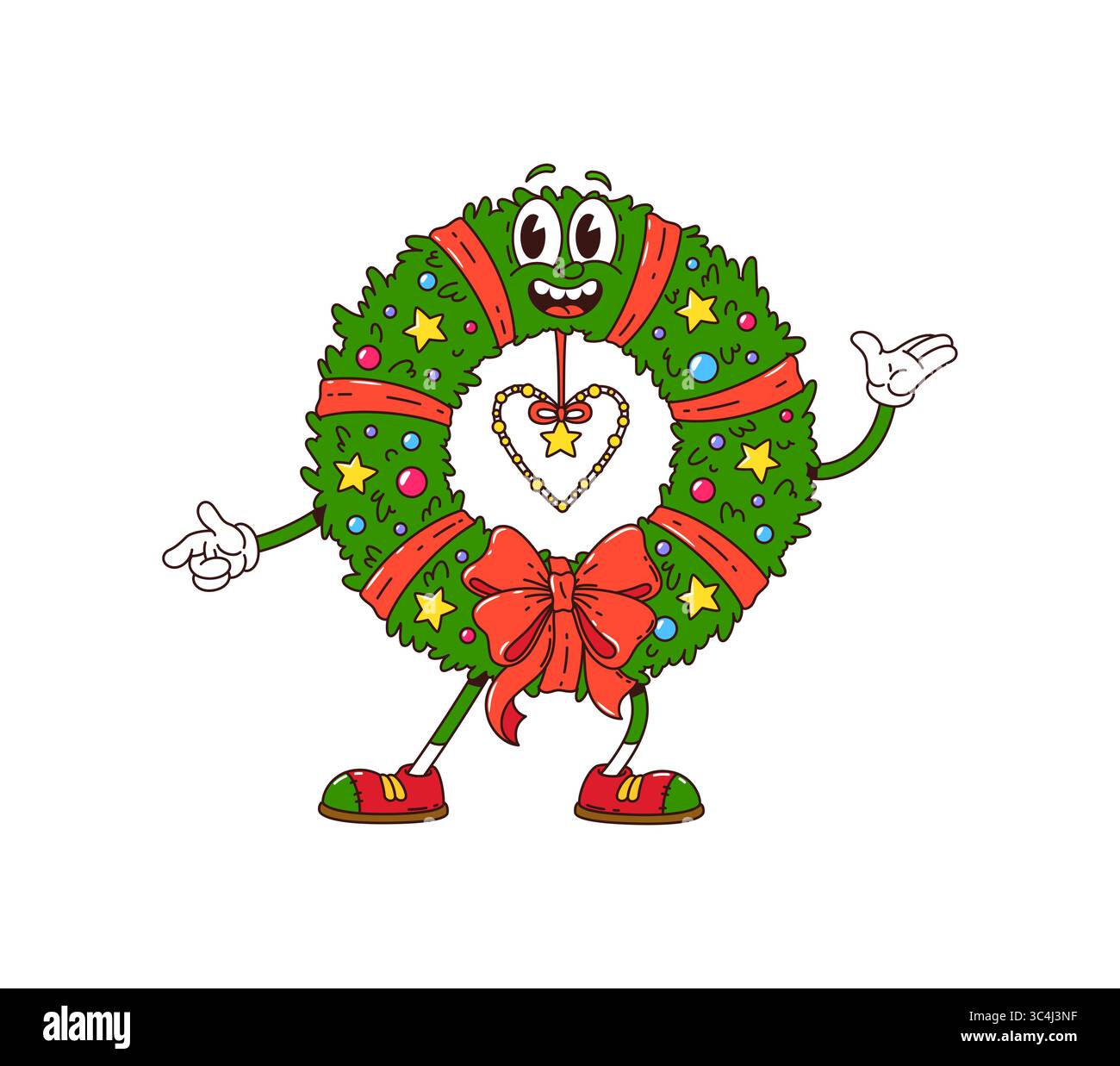 Weihnachtskranz Dekoration grooviger Charakter. Weihnachtliche lustige Persönlichkeit, Silvesterfeier Fichtenkranz mit rotem Band und Spielzeug verziert Stock Vektor