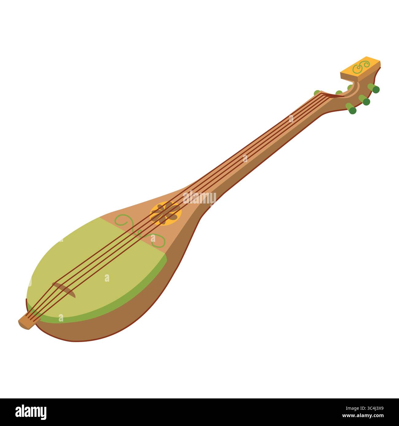 Qanbus ist eine Laute, die ihren Ursprung im Jemen hat und sich auf der gesamten Arabischen Halbinsel verbreitet hat. Traditionelles Saitenmusikinstrument des Oman. Vektorillustration von Qanbus in flacher Form. Stock Vektor