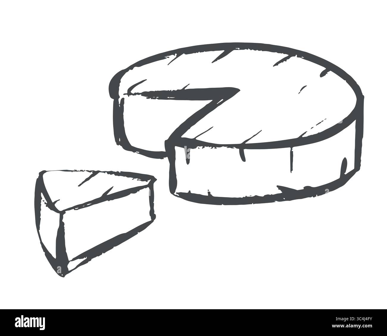 Grobe Vektorskizze von Käse. Weißer Brie oder Camembert, italienischer, französischer Weichkäse. Exquisiter Imbiss für Wein. Geschnittenes Stück und ganzer Kopf Käse. Nachahmung des Schnellzeichnens mit Tinte und Pinsel Stock Vektor