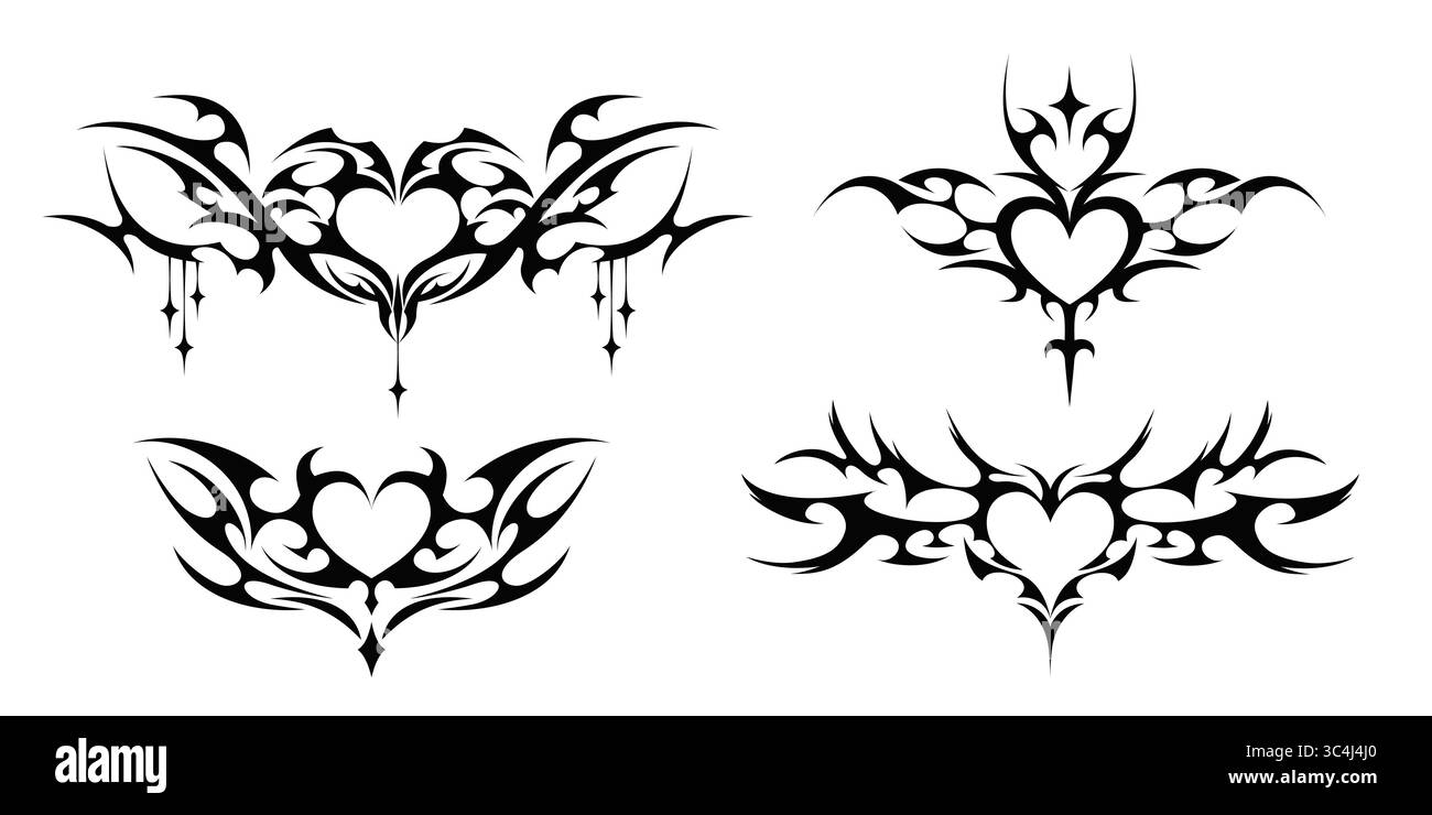 Gotische Herzrahmendesigns mit Stammesflügeln - schwarze dekorative Silhouetten für Tattoo-Kunst, dekorative Borten mit spitzen Elementen, dunkle romantische Vektorgrafiken für mystische Themenprojekte. Stock Vektor