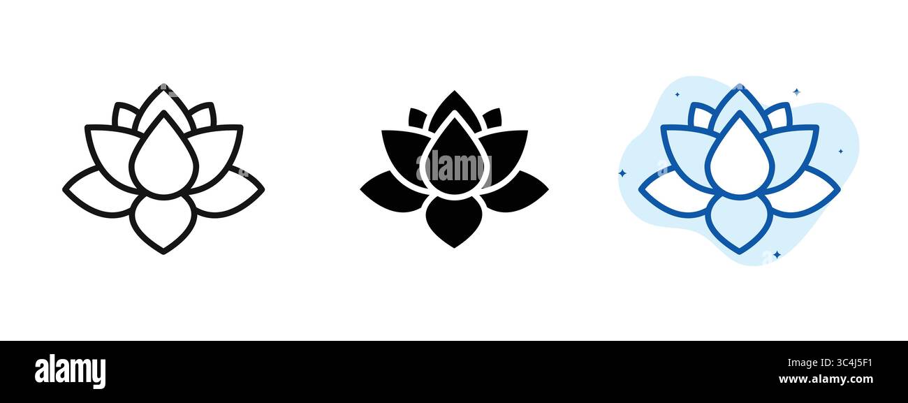 Drei unterschiedlich farbige Blumen werden in einer Reihe dargestellt. Die erste Blume ist schwarz-weiß, die zweite blau und die dritte weiß. Die Blumen sind A Stock Vektor