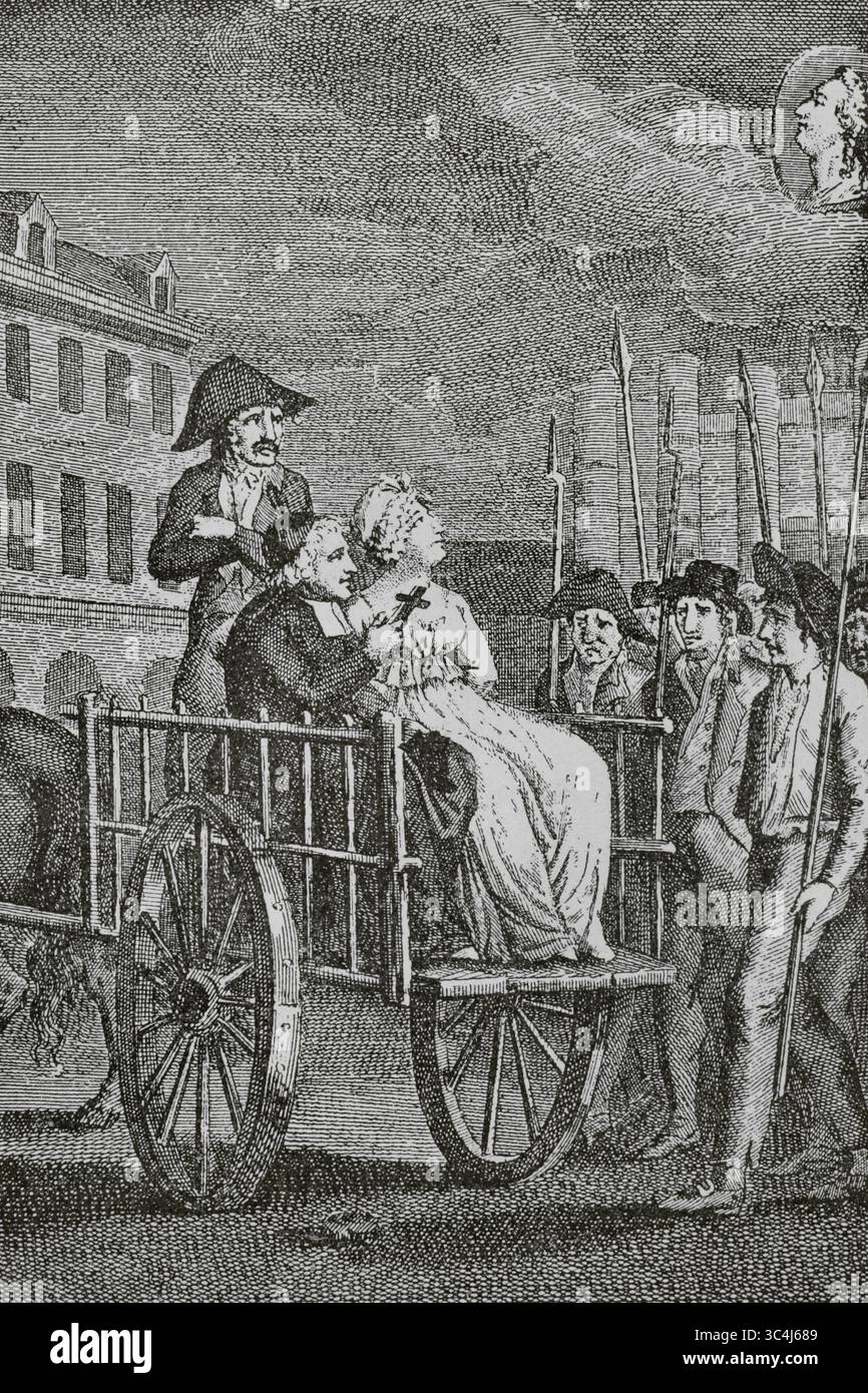 Marie Antoinette (1755-1793). Königin von Frankreich durch ihre Heirat mit Ludwig XVI. Von Frankreich. Sie wurde am 16. Oktober 1793 vom Revolutionären Tribunal zum Tode verurteilt. Marie Antoinette ist auf der Rückseite eines Wagens zur Guillotine gefahren. Pater Girard, Pfarrer der Kirche Saint-Landry und Verfassungspriester, der vom Revolutionären Tribunal ernannt wurde, saß neben ihr und begleitete sie während der gesamten Reise. Kupferstich aus der Frontpartie von Le Cimetière de la Madeleine, einem Roman von Jean-Joseph Regnault-Warin (1773–1844) in vier Bänden, veröffentlicht zwischen 1800 und 1801. "Directoire, Co Stockfoto