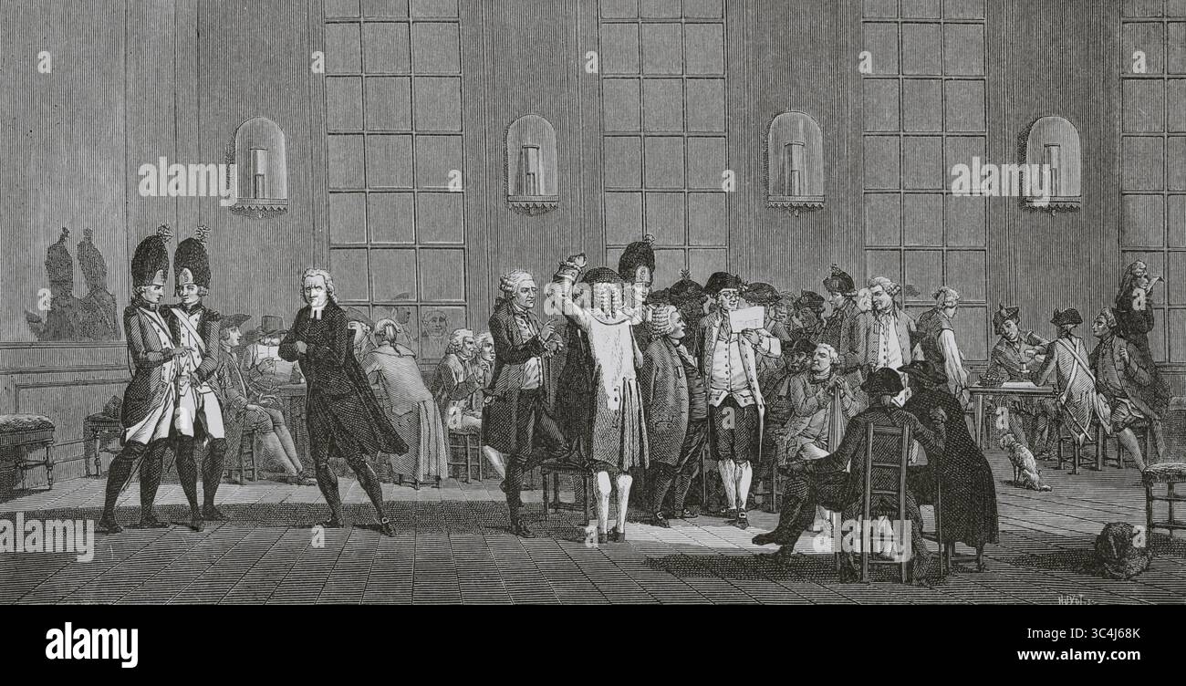 "Caffeé des Patriotes" (Patriot's Coffee House) in der Rue Saint-Honoré in Paris, Frankreich. Ein Treffpunkt während der Französischen Revolution, wo Bürger politische Ereignisse diskutierten und diskutierten. Es liegt in der Nähe des Jacobin Club. Stich von Huyot nach einer Illustration von Jacques Francois Joseph Swebach-Desfontaines (1769-1823), Stich von Jean-Baptiste Morret (Fl. 1789-1820), 1792. Direktorin, Konsulat und Reich. Moeurs et Usages, Lettres, Sciences et Arts. France, 1795-1815' (Verzeichnis, Konsulat und das Reich von Frankreich. Bräuche und Traditionen, Briefe, Wissenschaften und Künste. Frankreich, 1795-181 Stockfoto