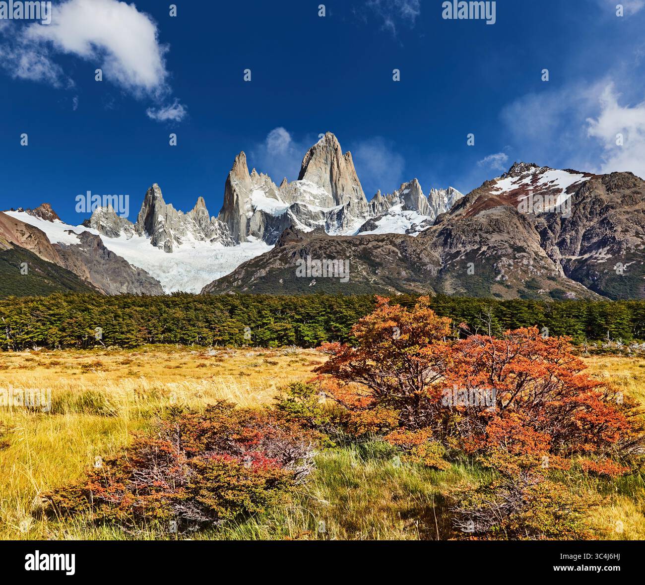 Patagonische Landschaft in Herbstfarben, Mount Fitz Roy im Los Glaciares Nationalpark, Argentinien Stockfoto