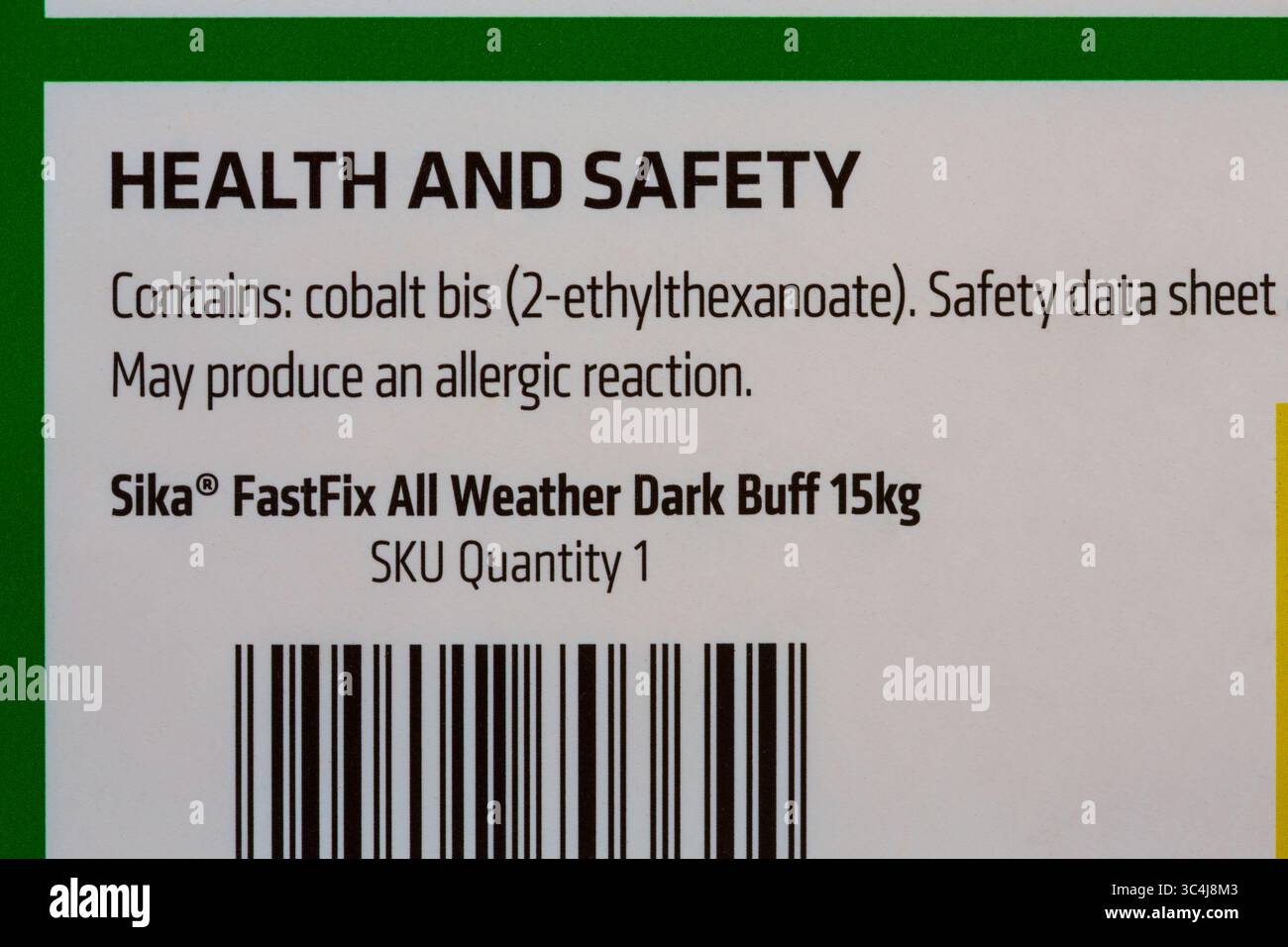 Health ab=nd Safety enthält Cobalt bis 2-ethylthexanoat Sicherheitsdatenblatt kann eine allergische Reaktion hervorrufen Stockfoto