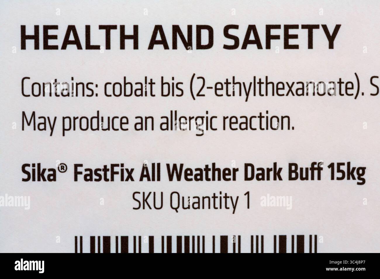 Health ab=nd Safety enthält Cobalt bis 2-ethylthexanoat Sicherheitsdatenblatt kann eine allergische Reaktion hervorrufen Stockfoto