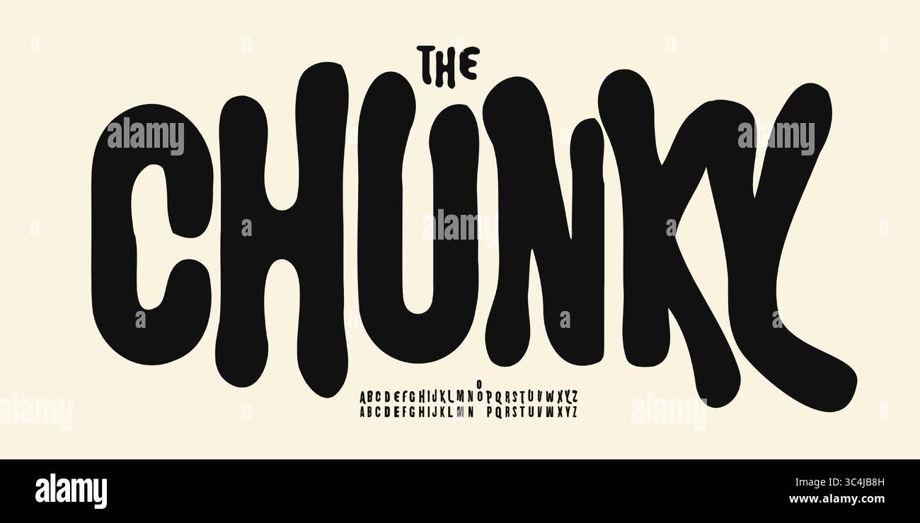 Grooviges, grooviges Alphabet, Boho-Trippy-Schriftart, verspielte abgerundete Schriftart für Festival-Logo, Sommer-Headline, Hippie-Design, flüssige Flüssigtypografie. Vintage Stock Vektor