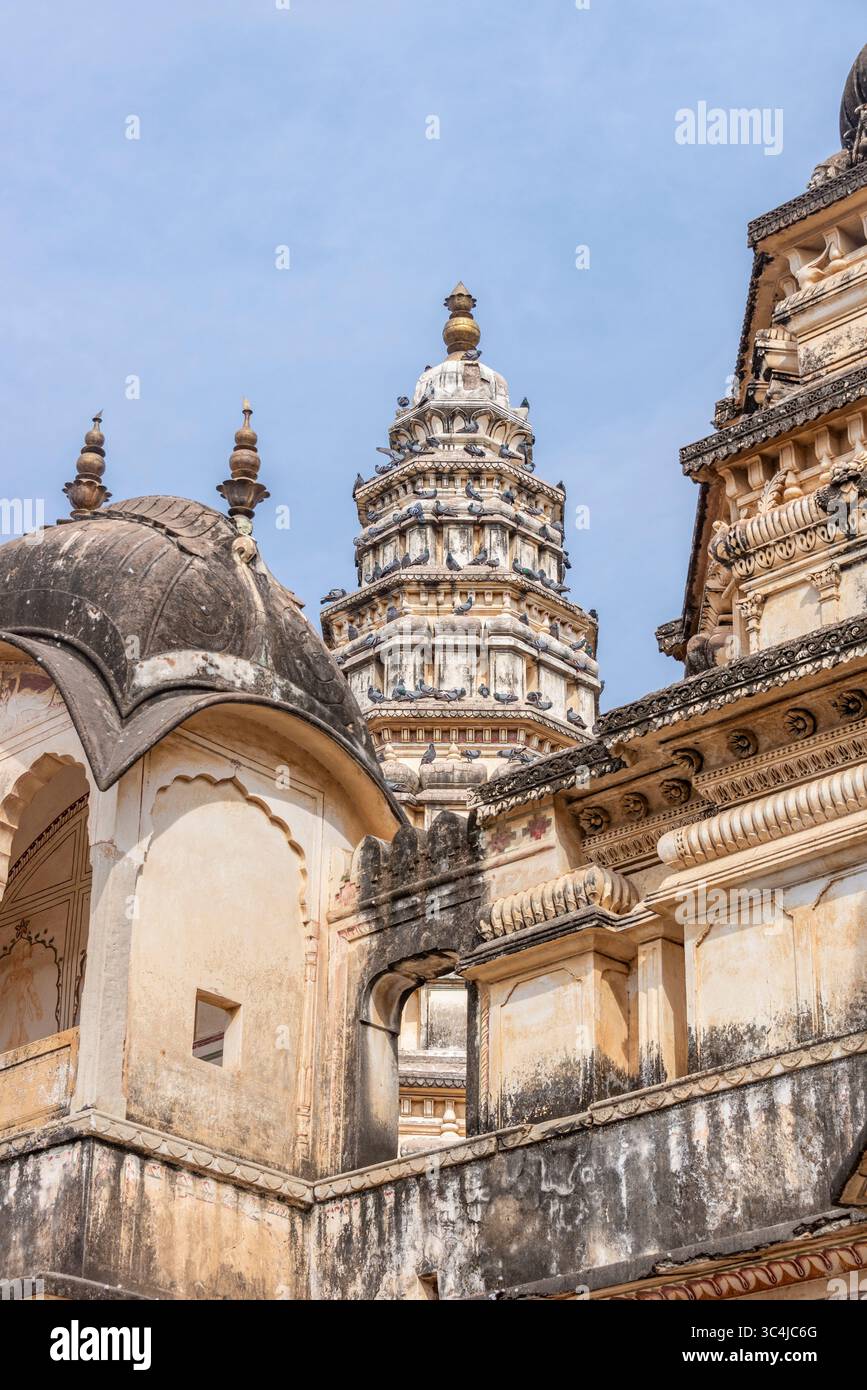 Architektonische Details der historischen Hindutempelmauern und Türme in Pushkar, Indien Stockfoto