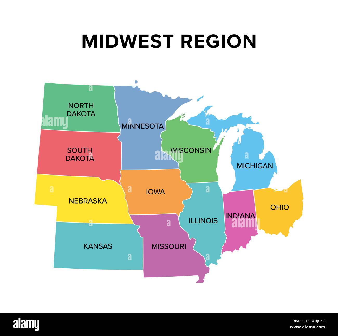 Region im Mittleren Westen der Vereinigten Staaten, mehrfarbige Karte. Auch bekannt als Midwest United States, The Heartland oder The American Midwest. Stockfoto