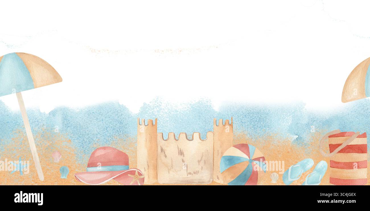 Nahtloses horizontales Muster Aquarell Hand gezeichnete Strand Accessoires, Ball und Sonnenschirm Strand auf Sand und Meer Hintergrund. Ideal für Sommereinladungen, Stockfoto