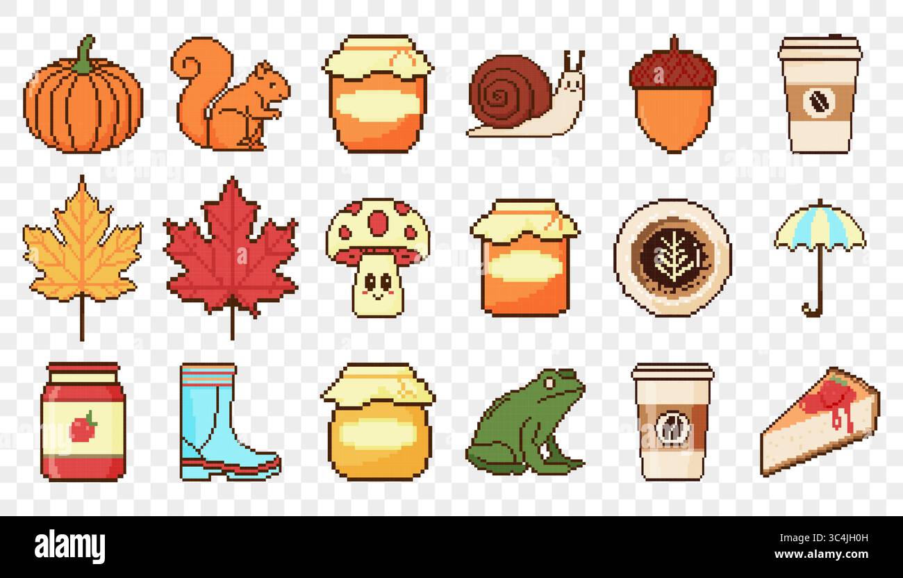Herbstsymbole. Pixelbildobjekte im 8-Bit-Stil. Kürbis, Eichhörnchen, Marmelade, Pilz, Regenschirm. Stock Vektor