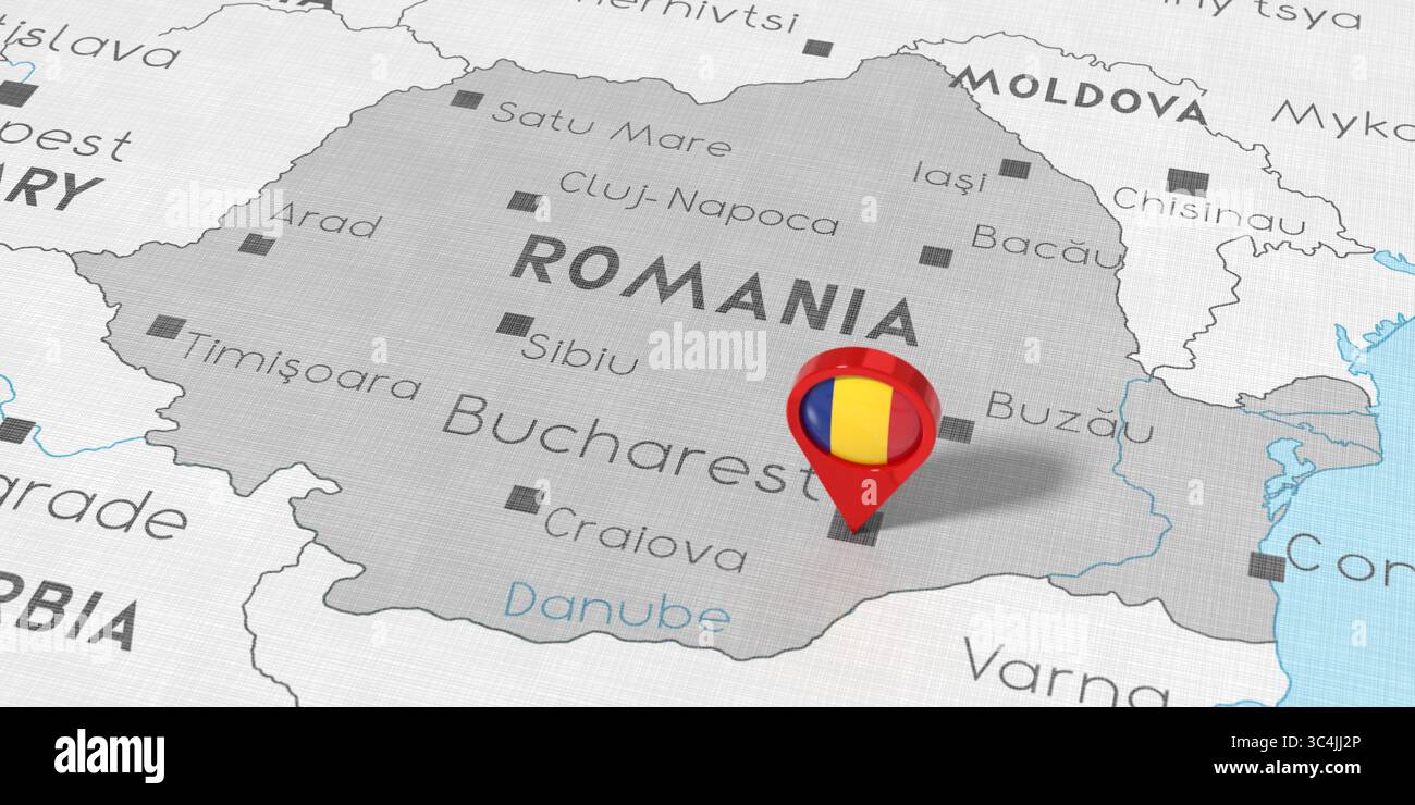 Rumänien, Bukarest - Standort-Pin mit Nationalflagge auf politischer Karte - 3D-Illustration Stockfoto
