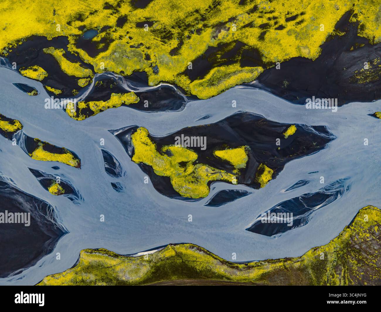Aus der Vogelperspektive auf Gletscherflüssen, die Wege durch schwarzen vulkanischen Sand ziehen, im Kontrast zu lebendigen grünen Moosfeldern, Island. Stockfoto