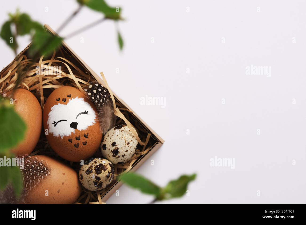 Handbemaltes Eulenei in einem Nest mit Wachteleiern. Platz für Ihren Text. Stockfoto