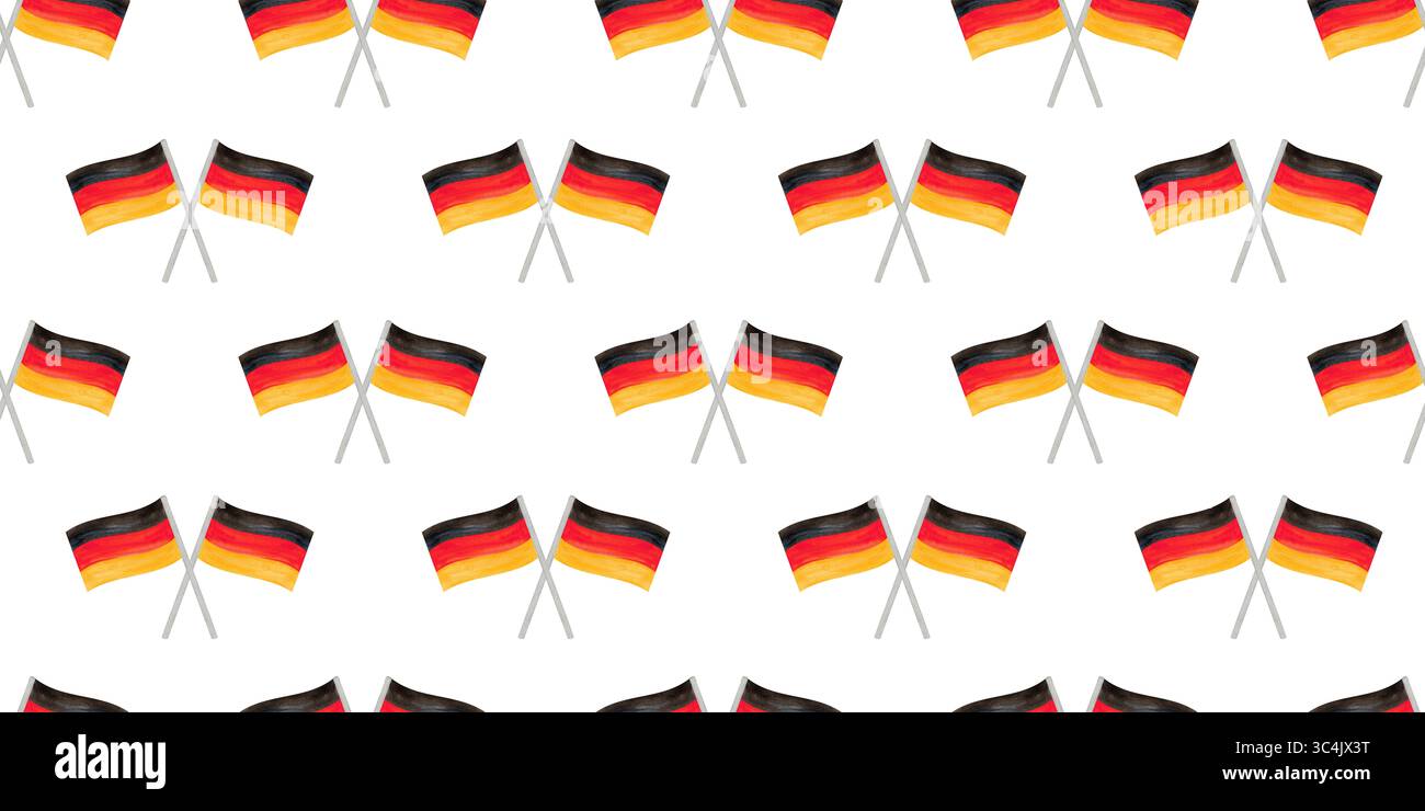 Horizontales nahtloses Muster mit festlichen Elementen deutscher Symbole. Handgezeichnete Aquarelldarstellung von Doppelflaggen. Stockfoto