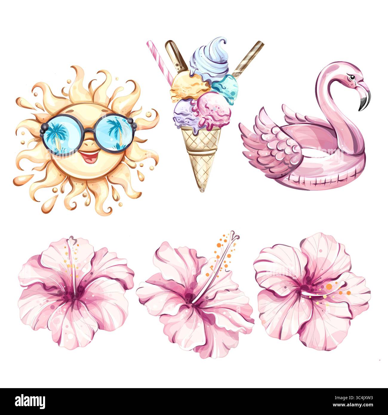 Schaffen Sie lebendige und fröhliche Sommererinnerungen mit Eis, sonnigen Tagen, rosa Hibiskus und verspielten Flamingos, die Strandabenteuer und festliche Abenteuer feiern Stockfoto