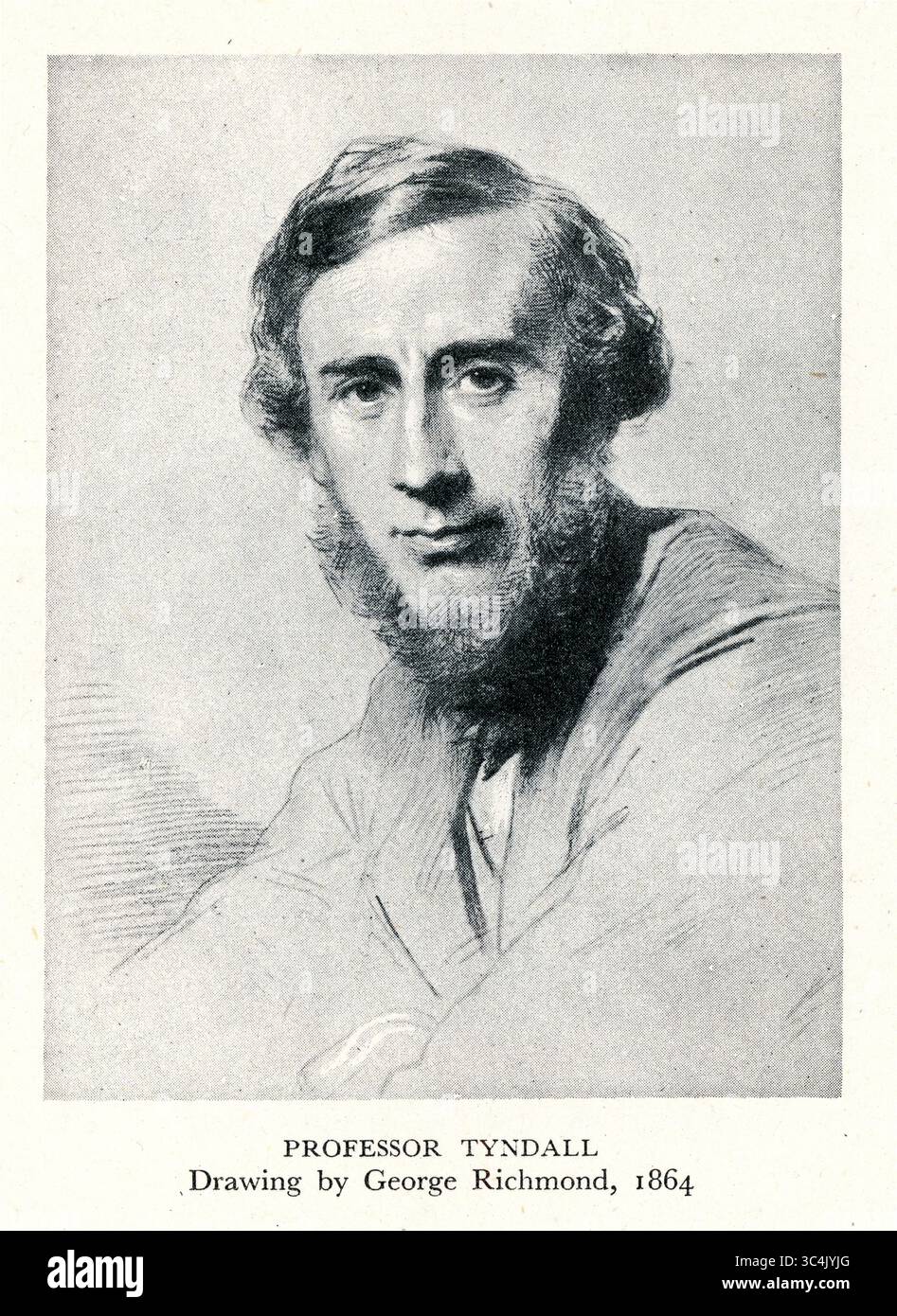 Viktorianischer Stich von Professor Tyndall. Professor John Tyndall war ein irischer Physiker und Bergsteiger. Seine wissenschaftliche Berühmtheit erlangte er in den 1850er Jahren durch seine Erforschung des Diamagnetismus. Später machte er Entdeckungen in der Infrarotstrahlung und den physikalischen Eigenschaften der Luft, was den Zusammenhang zwischen atmosphärischem CO₂ und dem heute als Treibhauseffekt bekannten Treibhauseffekt 1859 beweist. Kupferstich von George Richmond, datiert 1864, Großbritannien Stockfoto
