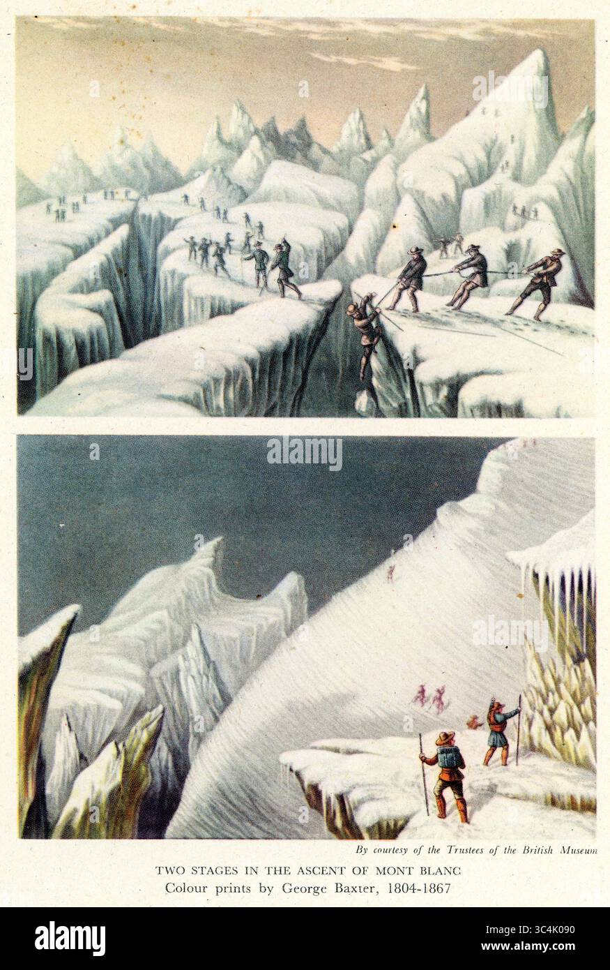Viktorianischer Farbstich von zwei der Aufstiegsstufen des Mont Blanc, aus einem Satz von 4 Drucken der Aufstiegsstufen des Mont Blanc. Hier sind Bergsteiger neben der Mur de la Cote (oben) und retten einen gefallenen Kletterer aus dem Abgrund neben dem Gletscher du Tacconnay (unten). Diese Illustrationen stammen von dem berühmten viktorianischen Druckhersteller George Baxter, um 1853, England, Großbritannien Stockfoto