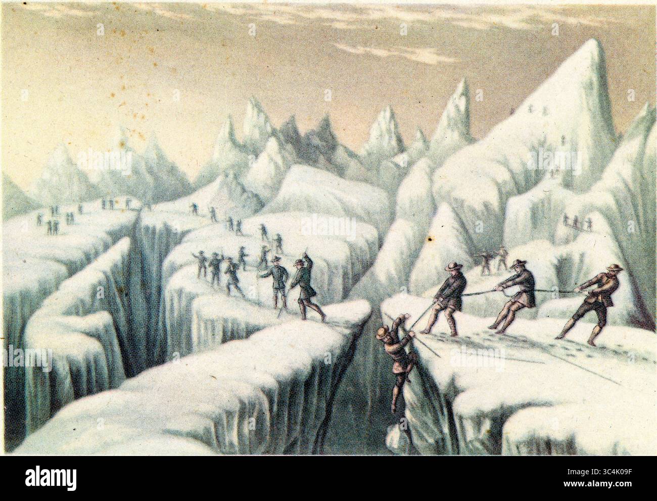 Viktorianischer Farbstich der Bergsteiger neben dem Gletscher du Tacconnay - einer von 4 Drucken der Aufstiegsstufen des Mont Blanc des berühmten viktorianischen Druckers George Baxter, um 1853, England, Großbritannien Stockfoto