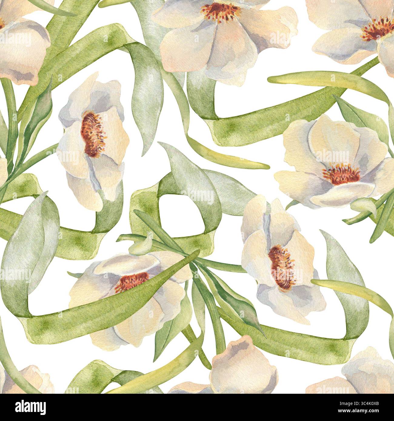 Weiche weiße wilde Gartenanemonen und sanfte grüne Stiele handbemalt. Nahtloses Blumenmuster in Weißgrün. Blumenstrauß von Pfingstrosen Stockfoto