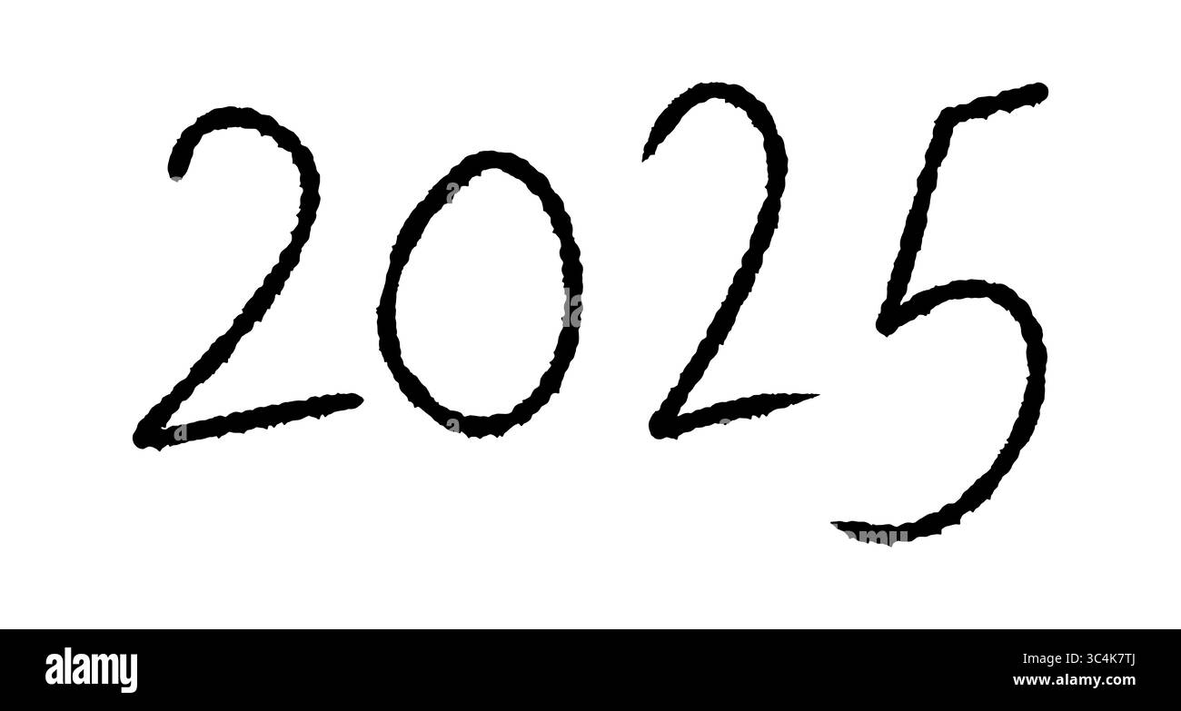 Handgeschriebenes 2025 Doodle-Symbol, Sketch Style Number, isoliert auf transparentem Hintergrund, schwarzer Pinselstil Stockfoto