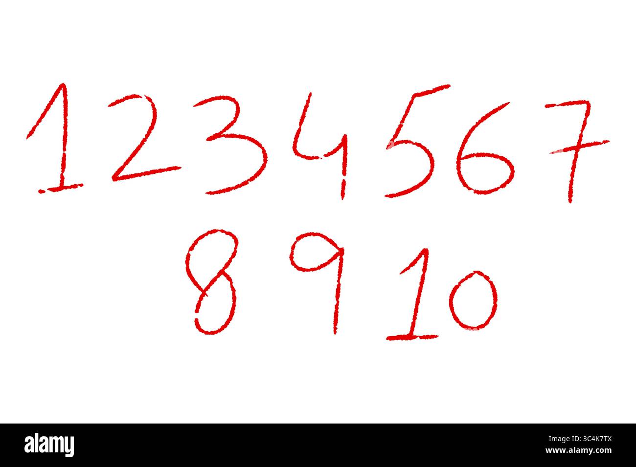 Handgeschriebene Zahlen 1 bis 10 in Farbe Rot, Ziffern im Doodle-Stil, isoliert auf transparentem Hintergrund, PNG-Ausschnitte Stockfoto
