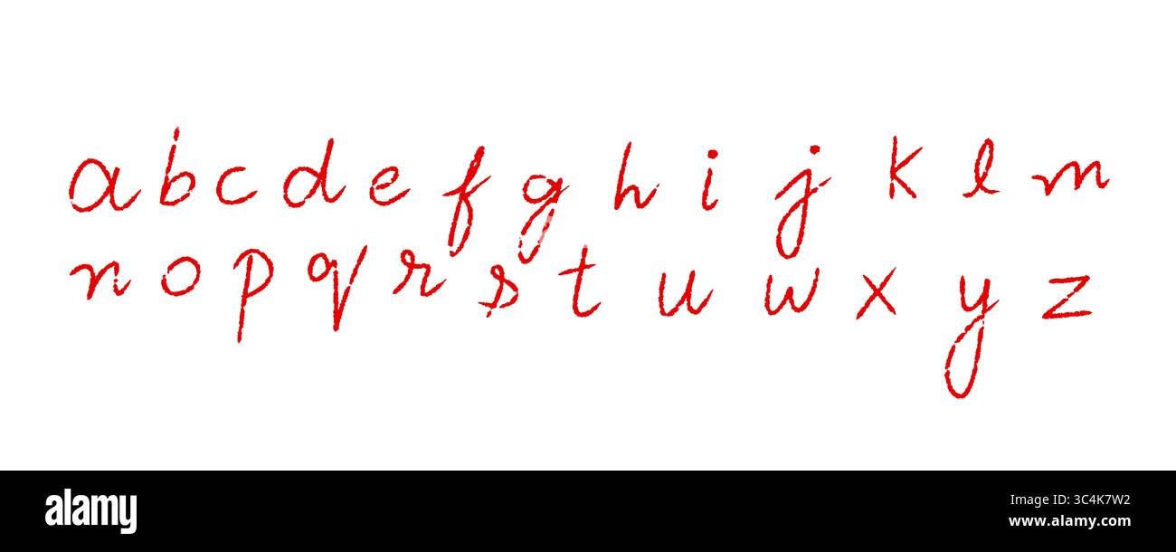 Handgeschriebene rote Buchstaben A bis Z, Alphabet Doodle Set, isoliert auf transparentem Hintergrund Stockfoto