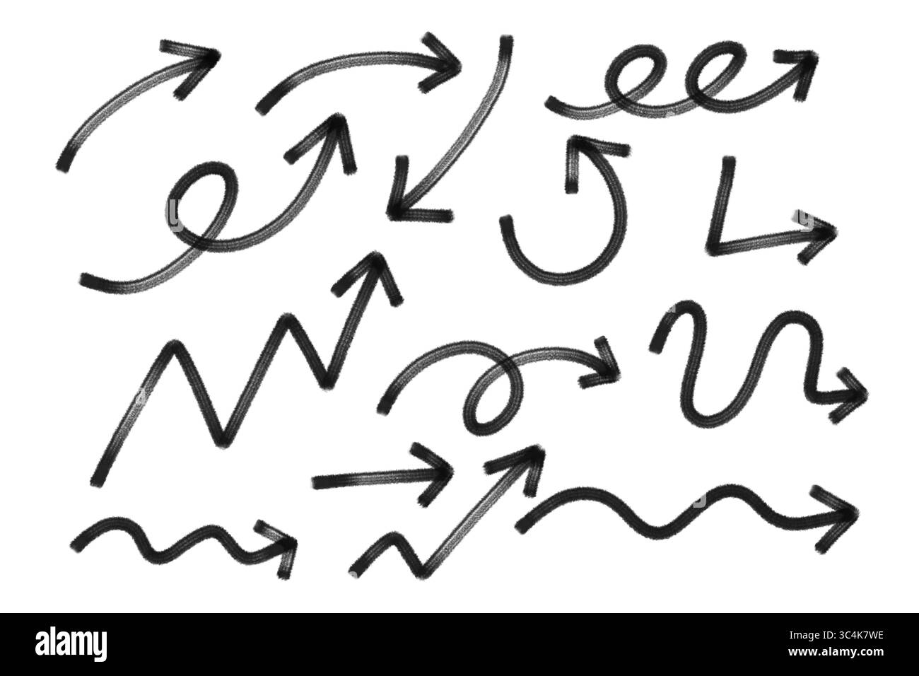 Handgezeichnete Schwarze Pfeile Sammlung isoliert auf transparentem Hintergrund, Schwarzer Pfeil PNG Doodle Set, Grunge Pfeile Stockfoto